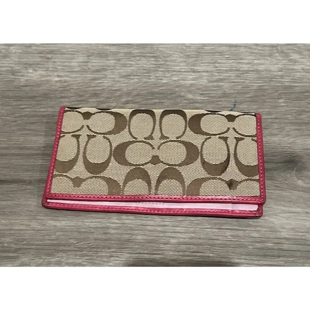 Coach Signature Canvas Checkbook Wallet Khaki Brown Pink Leather